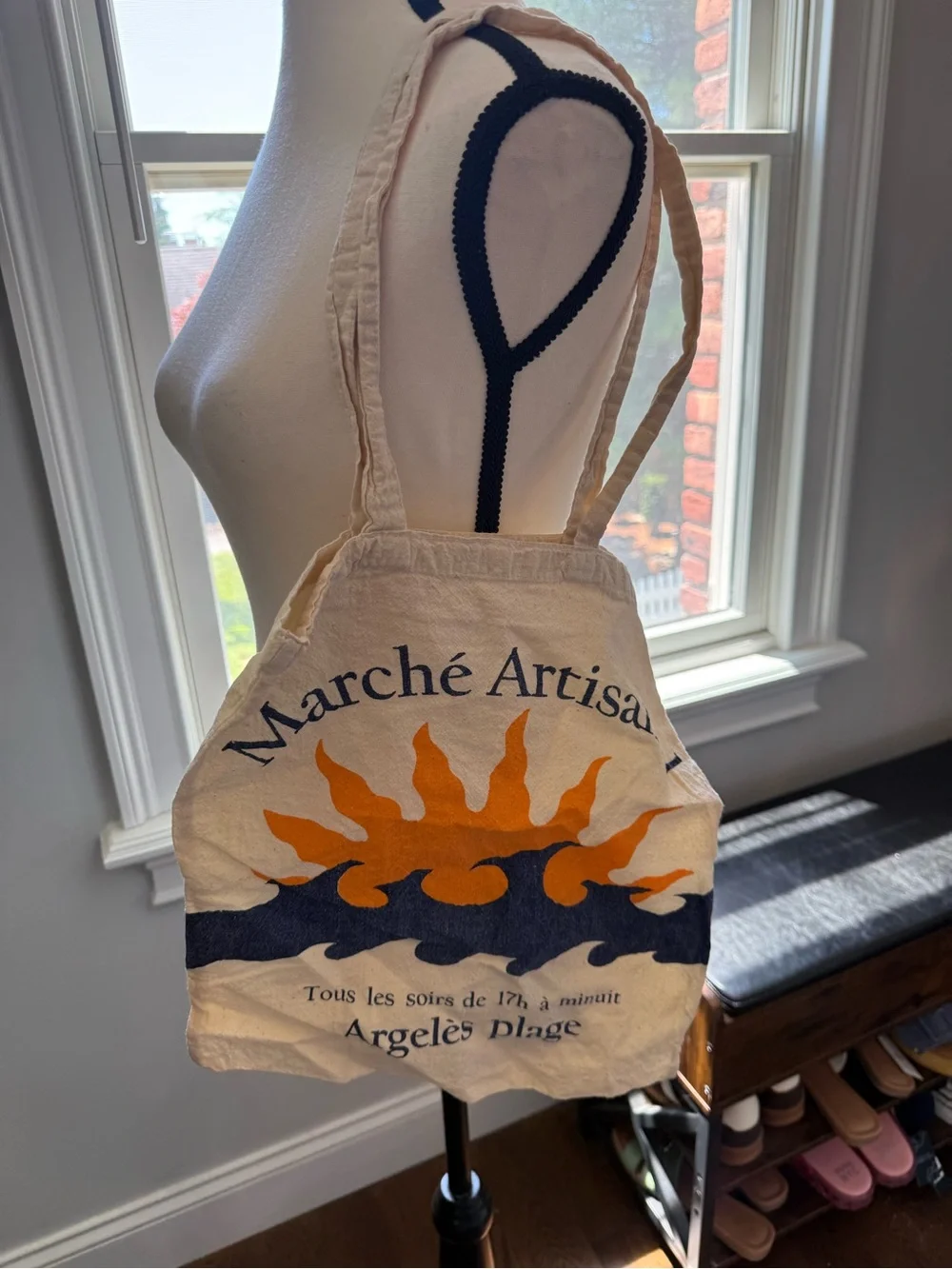 Marche Artisanal Shopping Canvas Tote Bag - Cream with Orange & Navy